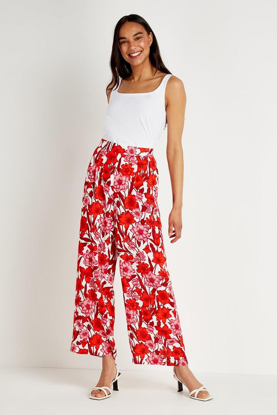 Red & Pink Floral Wide Leg Trouser
